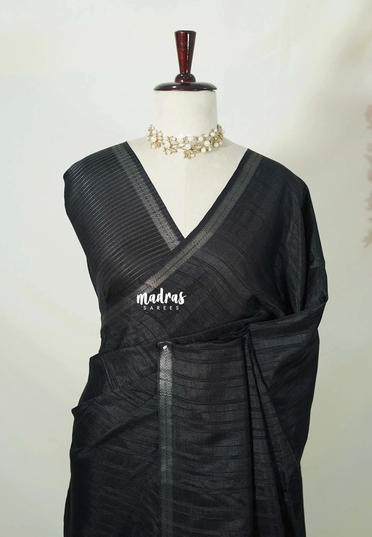 Nightfall Black - Jute Tussar Silk Saree with Stripes Texture and Small Border - Best for Small Functions