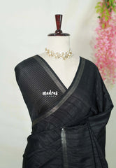 Nightfall Black - Jute Tussar Silk Saree with Stripes Texture and Small Border - Best for Small Functions
