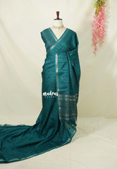 Teal Green - Jute Tussar Silk Saree with Stripes Texture and Small Border - Best for Small Functions