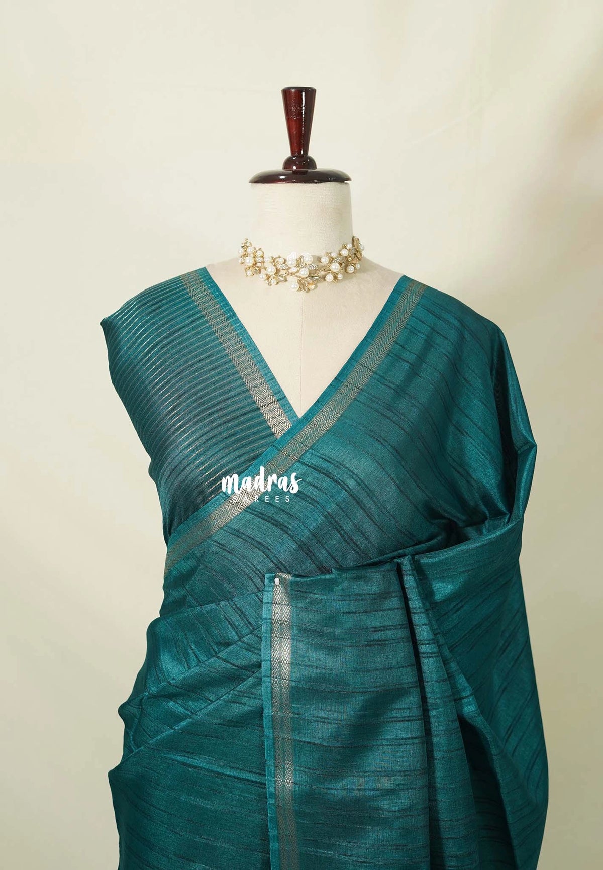 Teal Green - Jute Tussar Silk Saree with Stripes Texture and Small Border - Best for Small Functions