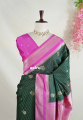 Midnight Green - Vadhanam - Jute Tussar Silk Saree Flower Border with Buttas Contrast Pallu and Blouse - Best for Small Functions