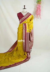 Yellowish Green - Vadhanam - Jute Tussar Silk Saree Flower Border with Buttas Contrast Pallu and Blouse - Perfect for Diwali Festive