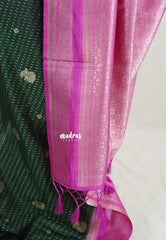 Midnight Green - Vadhanam - Jute Tussar Silk Saree Flower Border with Buttas Contrast Pallu and Blouse - Best for Small Functions