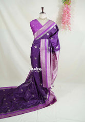 Rich Purple - Vadhanam - Jute Tussar Silk Saree Flower Border with Buttas Contrast Pallu and Blouse - Perfect for Diwali Festive