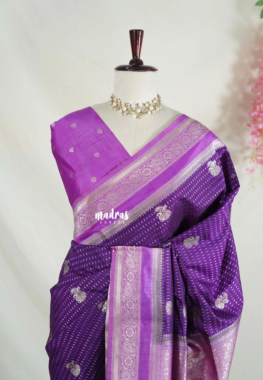 Rich Purple - Vadhanam - Jute Tussar Silk Saree Flower Border with Buttas Contrast Pallu and Blouse - Perfect for Diwali Festive