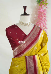 Yellowish Green - Vadhanam - Jute Tussar Silk Saree Flower Border with Buttas Contrast Pallu and Blouse - Perfect for Diwali Festive