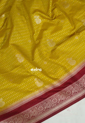 Yellowish Green - Vadhanam - Jute Tussar Silk Saree Flower Border with Buttas Contrast Pallu and Blouse - Perfect for Diwali Festive
