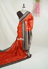 Rust Orange - Vadhanam - Jute Tussar Silk Saree Flower Border with Buttas Contrast Pallu and Blouse - Perfect for Diwali Festive