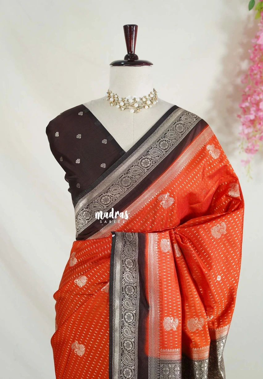Rust Orange - Vadhanam - Jute Tussar Silk Saree Flower Border with Buttas Contrast Pallu and Blouse - Perfect for Diwali Festive
