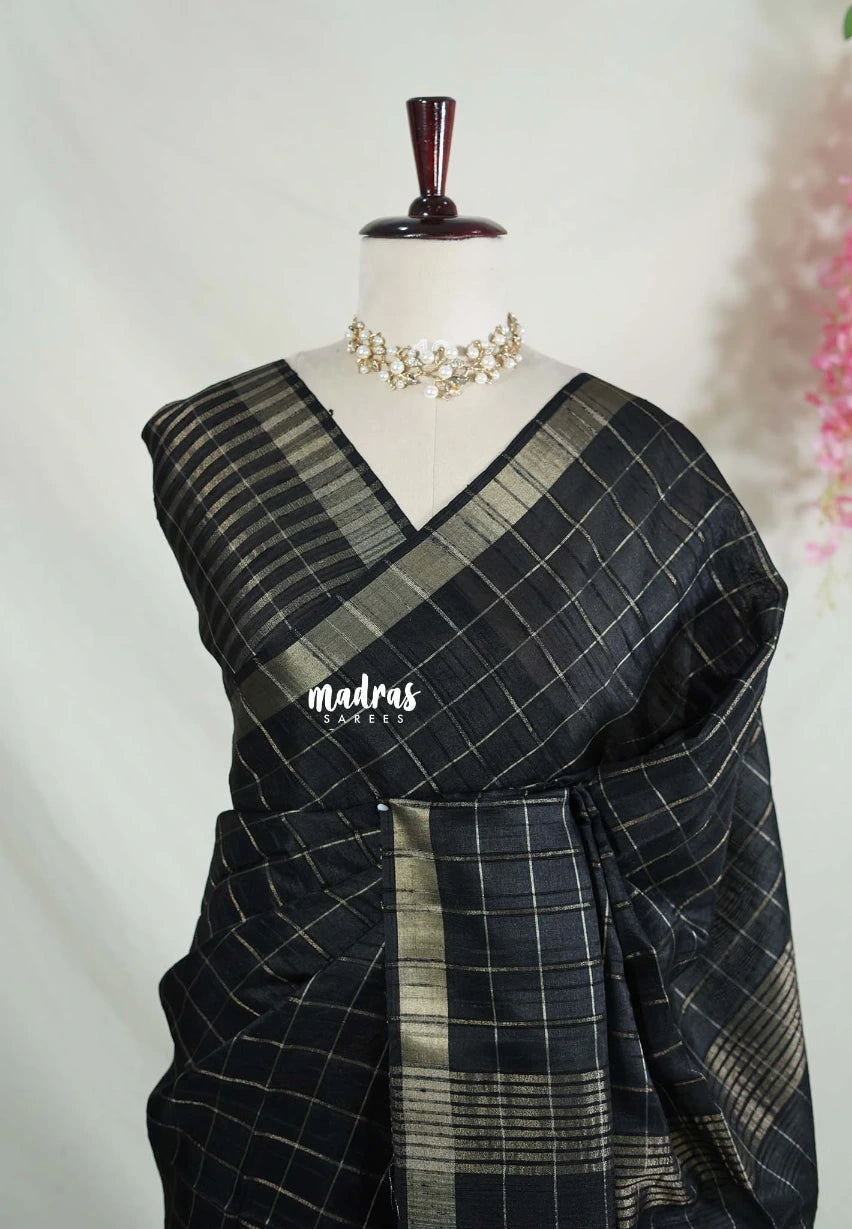 Jet Black - Vadhanam - 120 count Jute Tussar Silk Saree with Tissue Border - Best for Office Wear | Casual Wear