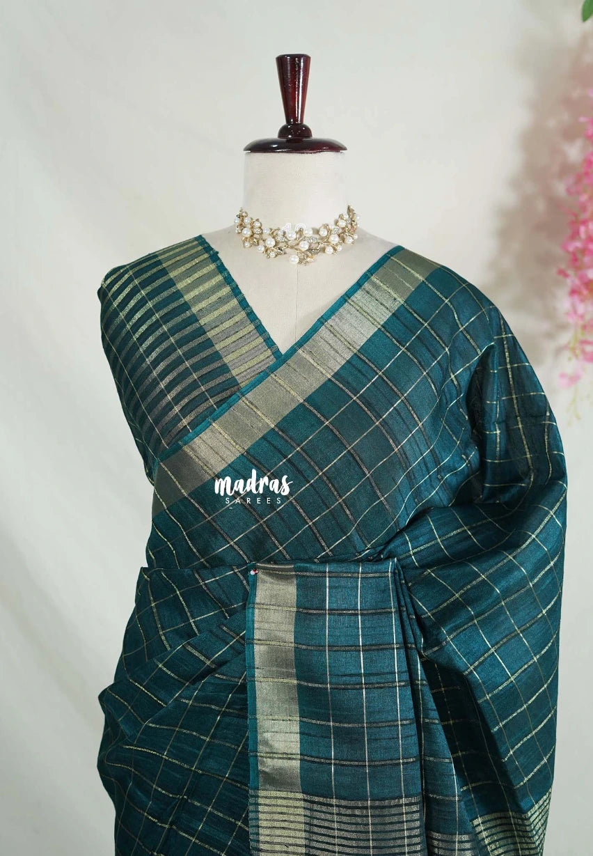 Deep Teal - Vadhanam - 120 count Jute Tussar Silk Saree with Tissue Border - Best for Office Wear | Casual Wear
