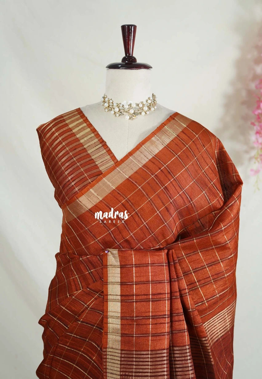 Rust Brown - Vadhanam - 120 count Jute Tussar Silk Saree with Tissue Border - Best for Office Wear | Casual Wear