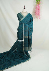 Deep Teal & Embroidery  - Vadhanam - 120 count Jute Tussar Silk Saree with Tissue and Embroidery Border - Best for Office Wear | Casual Wear