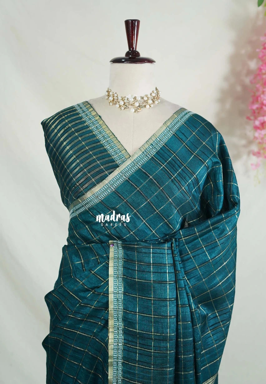 Deep Teal & Embroidery  - Vadhanam - 120 count Jute Tussar Silk Saree with Tissue and Embroidery Border - Best for Office Wear | Casual Wear