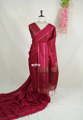 Pinkish Maroon - Vadhanam - Jute Tussar Silk Saree Horizontal Chain Stripes with Plain Border - Best for Small Functions