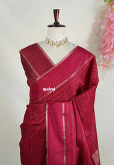 Pinkish Maroon - Vadhanam - Jute Tussar Silk Saree Horizontal Chain Stripes with Plain Border - Best for Small Functions