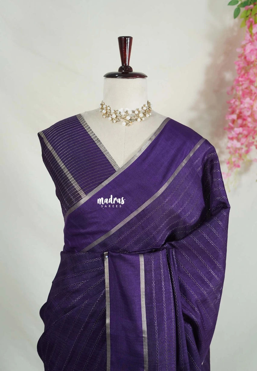 Deep Purple - Vadhanam - Jute Tussar Silk Saree Horizontal Chain Stripes with Plain Border - Best for Small Functions
