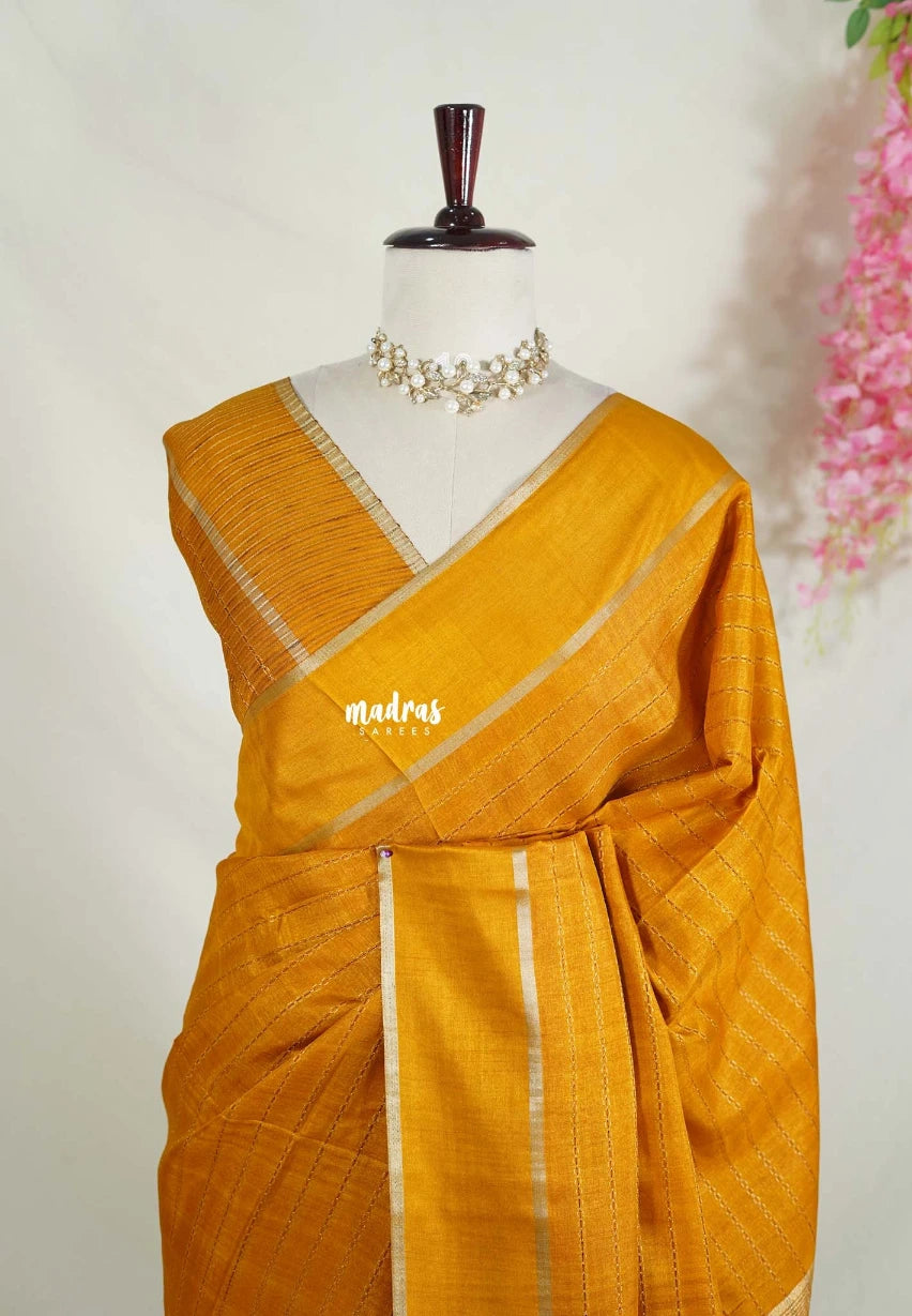 Mustard Yellow - Vadhanam - Jute Tussar Silk Saree Horizontal Chain Stripes with Plain Border - Best for Small Functions