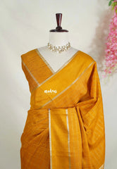 Mustard Yellow - Vadhanam - Jute Tussar Silk Saree Horizontal Chain Stripes with Plain Border - Best for Small Functions