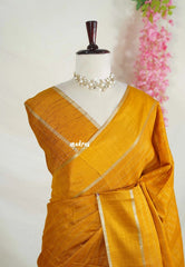 Mustard Yellow - Vadhanam - Jute Tussar Silk Saree Horizontal Chain Stripes with Plain Border - Best for Small Functions