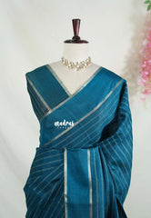Deep Teal Blue - Vadhanam - Jute Tussar Silk Saree Horizontal Chain Stripes with Plain Border - Best for Small Functions