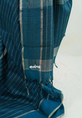 Deep Teal Blue - Vadhanam - Jute Tussar Silk Saree Horizontal Chain Stripes with Plain Border - Best for Small Functions