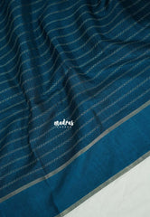 Deep Teal Blue - Vadhanam - Jute Tussar Silk Saree Horizontal Chain Stripes with Plain Border - Best for Small Functions