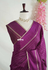 Mulberry Purple - Vadhanam - Jute Tussar Silk Saree Horizontal Chain Stripes with Plain Border - Best for Small Functions