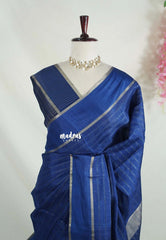 Indigo Blue - Vadhanam - Jute Tussar Silk Saree Horizontal Chain Stripes with Plain Border - Best for Small Functions
