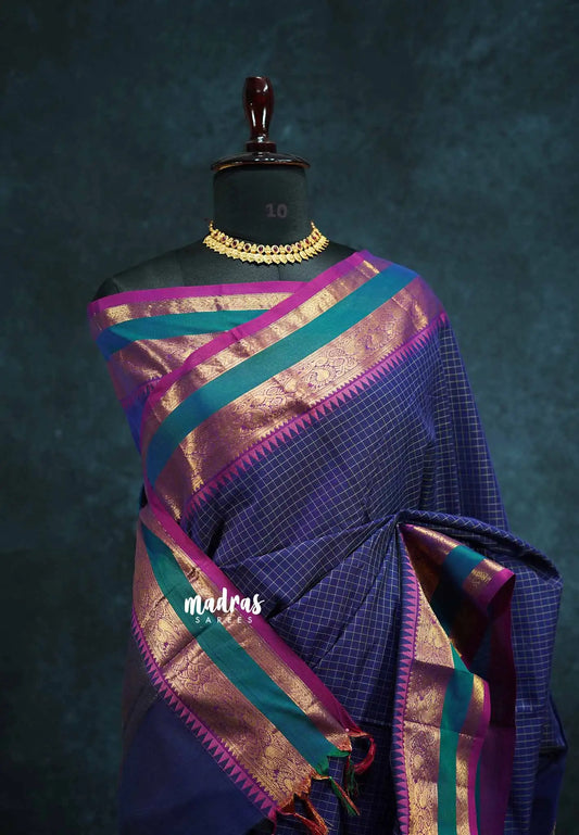 Navy Blue - vaibhogam 120 count Pure mercerized silk cotton muthukattam rettapet border