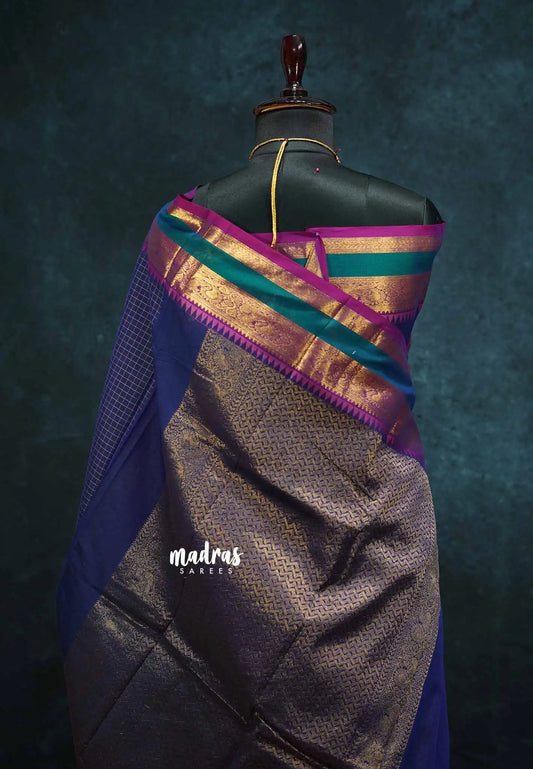 Navy Blue - vaibhogam 120 count Pure mercerized silk cotton muthukattam rettapet border