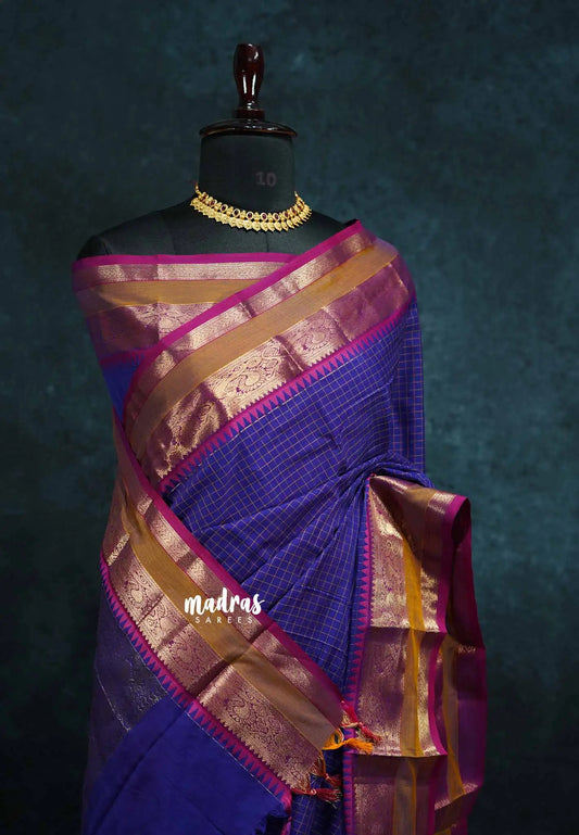 MS Blue - vaibhogam 120 count Pure mercerized silk cotton muthukattam rettapet border