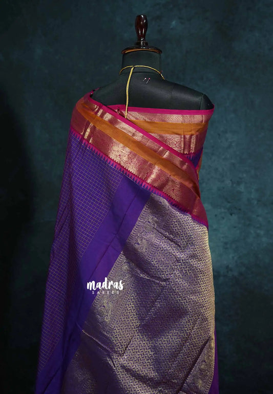 Purple - vaibhogam 120 count Pure mercerized silk cotton muthukattam rettapet border