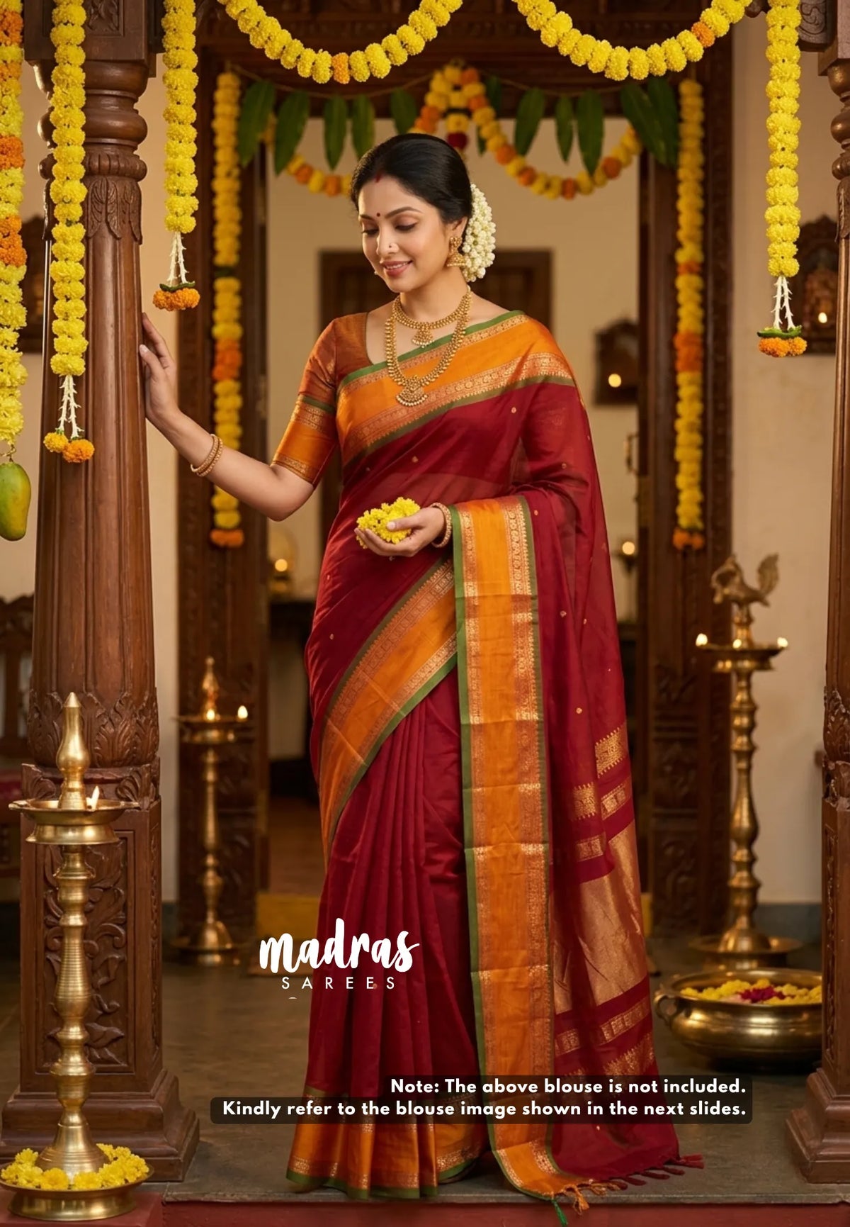 Divine Maroon - vaibhogam 120 count Pure mercerized silk cotton with buttas and rettapet border