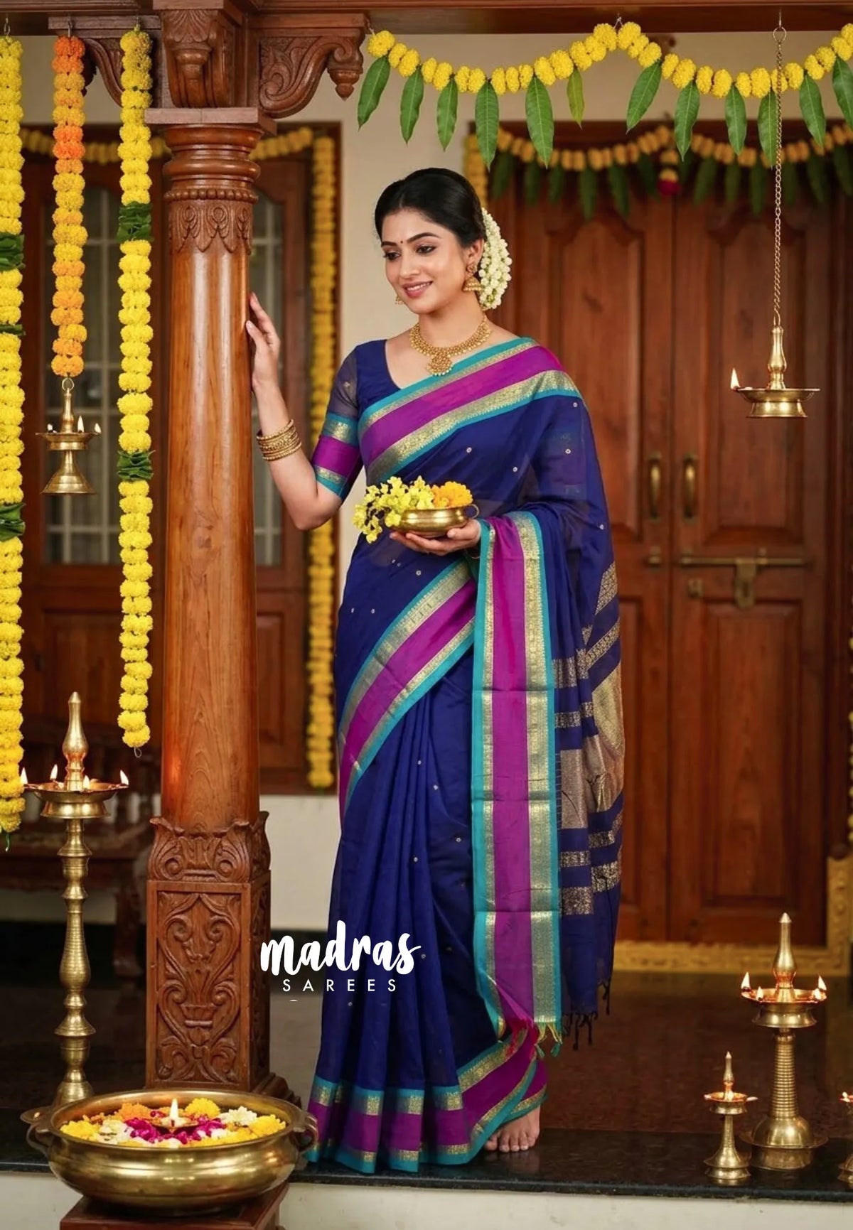 Dual shade Midnight Blue - Vaibhogam 120 count Pure mercerized silk cotton with buttas and rettapet border