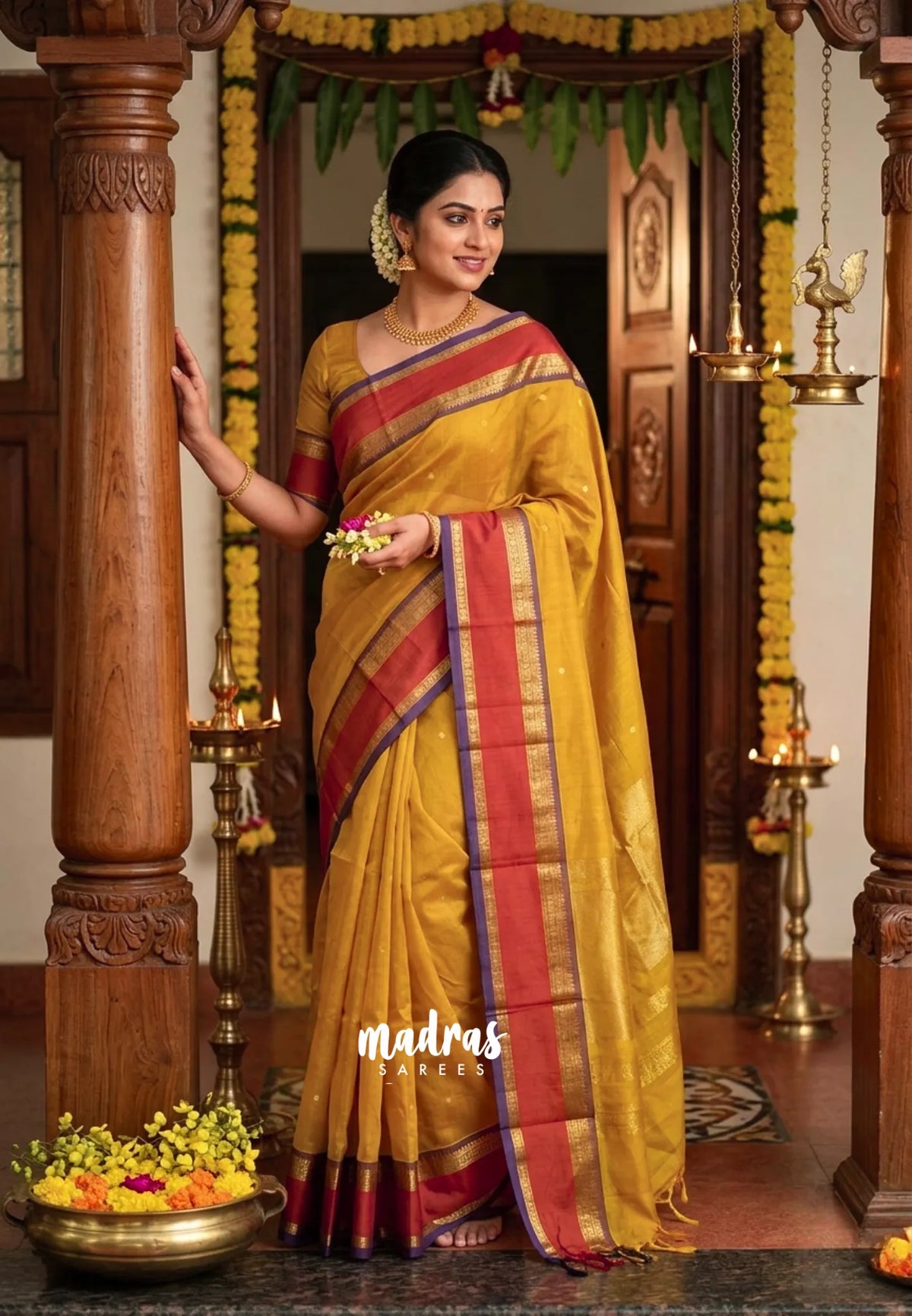 Dual shade Golden Turmeric Yellow - Vaibhogam 120 count Pure mercerized silk cotton with buttas and rettapet border