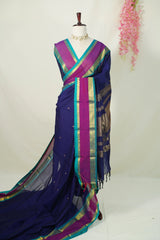 Dual shade Midnight Blue - Vaibhogam 120 count Pure mercerized silk cotton with buttas and rettapet border