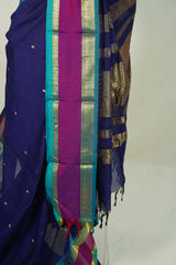 Dual shade Midnight Blue - Vaibhogam 120 count Pure mercerized silk cotton with buttas and rettapet border