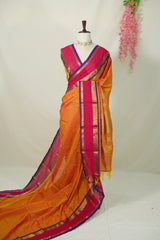 Dual shade Pumpkin Orange - Vaibhogam 120 count Pure mercerized silk cotton with buttas and rettapet border