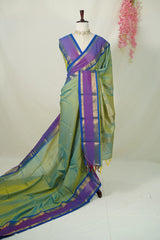 Dual shade Pista Green - Vaibhogam 120 count Pure mercerized silk cotton with buttas and rettapet border