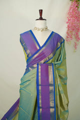 Dual shade Pista Green - Vaibhogam 120 count Pure mercerized silk cotton with buttas and rettapet border