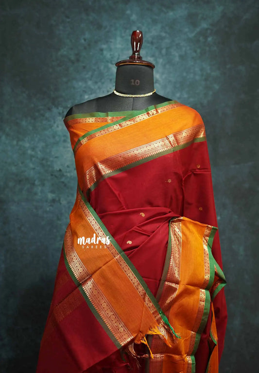 Maroon - vaibhogam 120 count Pure mercerized silk cotton with buttas and rettapet border
