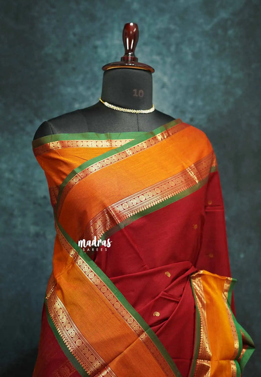 Maroon - vaibhogam 120 count Pure mercerized silk cotton with buttas and rettapet border