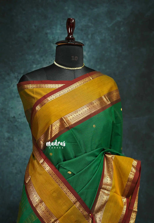 Green - vaibhogam 120 count Pure mercerized silk cotton with buttas and rettapet border