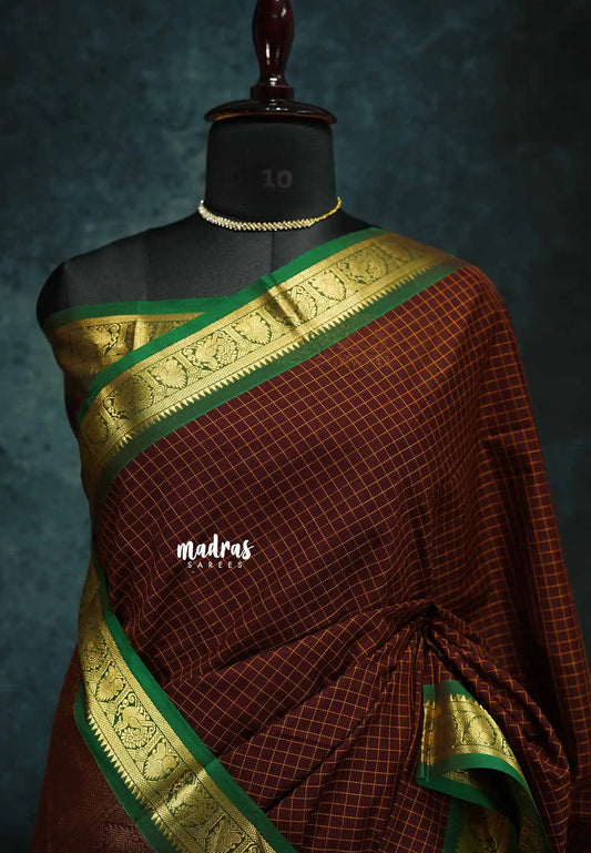 Deep Brown - vaibhogam 120 count Pure mercerized silk cotton muthu kattam