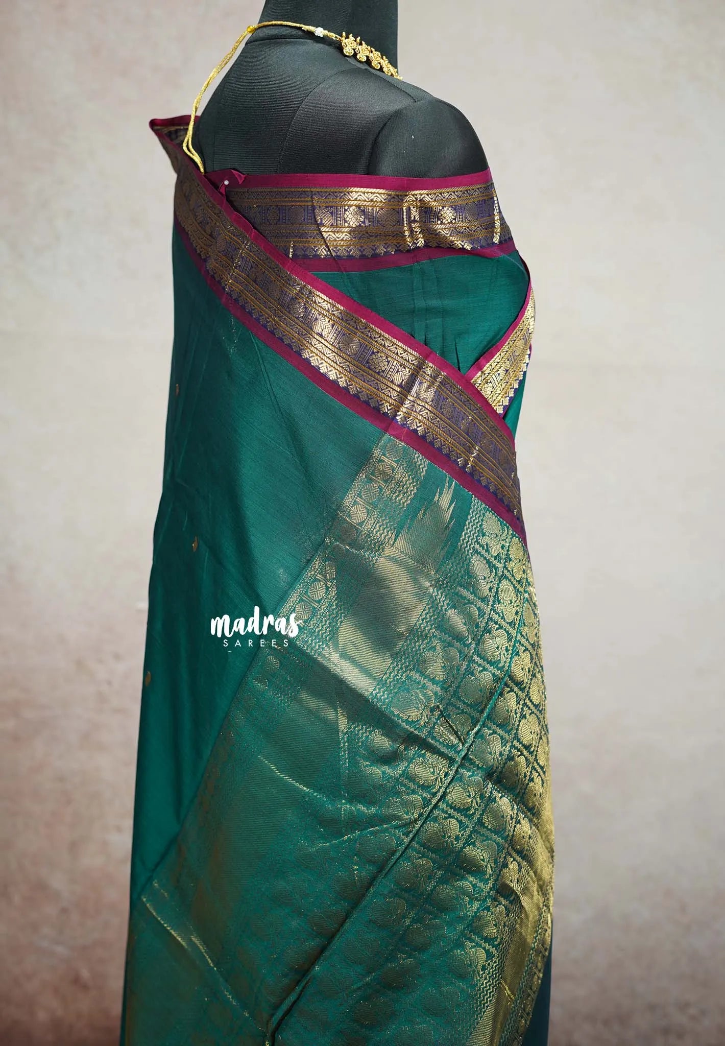 Peacock Jade  - vaibhogam 120 count Pure mercerized silk cotton small border with buttas