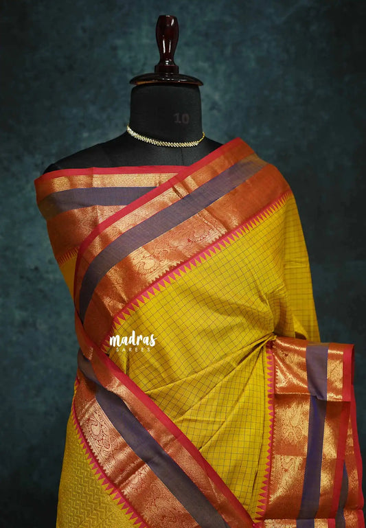 Mustard yellow - vaibhogam 120 count Pure mercerized silk cotton muthukattam rettapet border