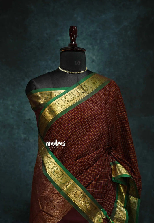 Deep Brown - vaibhogam 120 count Pure mercerized silk cotton muthu kattam