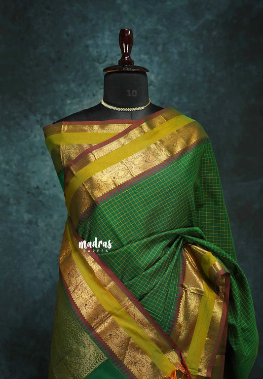Green - vaibhogam 120 count Pure mercerized silk cotton muthukattam rettapet border