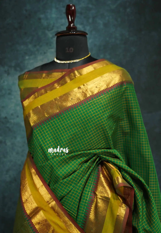Green - vaibhogam 120 count Pure mercerized silk cotton muthukattam rettapet border